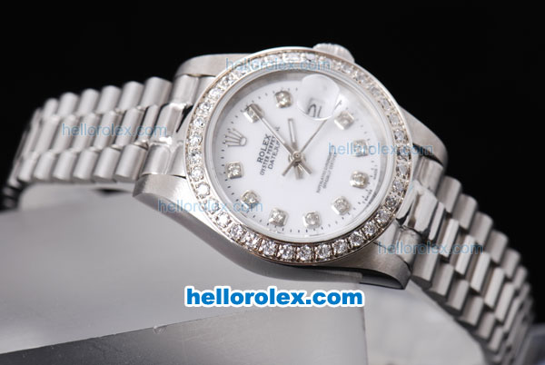 Rolex Datejust Oyster Perpetual Automatic Full White with Diamond Bezel and Diamond Marking-Lady Size - Click Image to Close